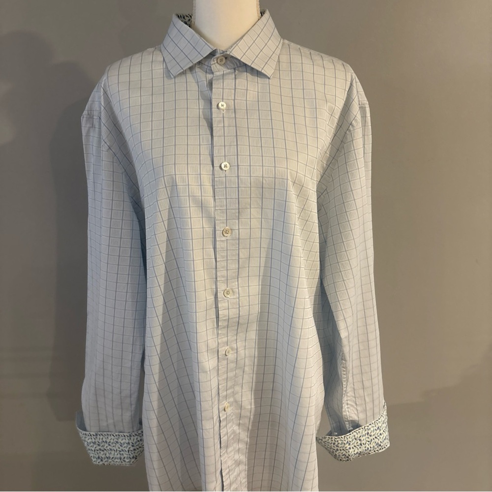 Bugatchi Men's Long Sleeve Button-Up Shirt Shaped Fit Size XL Light Blue Check